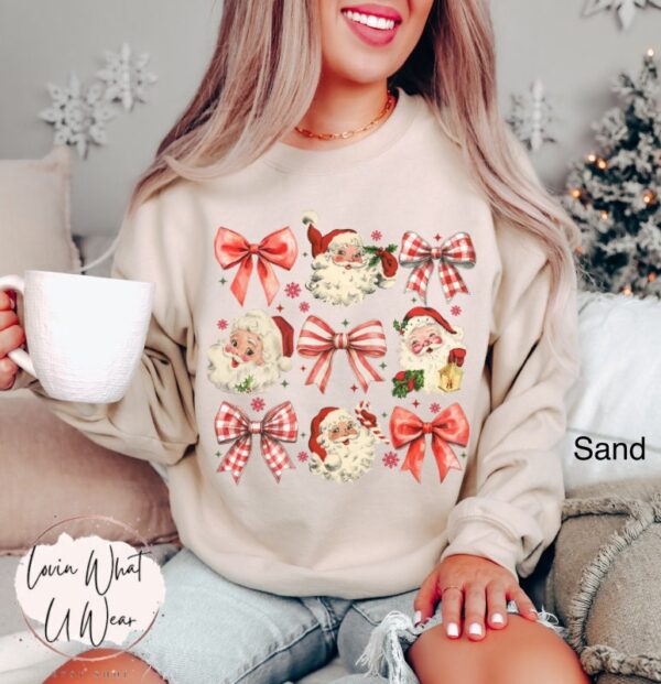 vintage christmas sweatshirt womens retro santa shirt oversized bow design trendy holiday apparel for festive celebrations