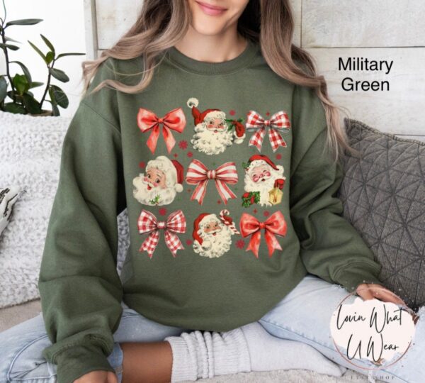 vintage christmas sweatshirt womens retro santa shirt oversized bow design trendy holiday apparel for festive celebrations