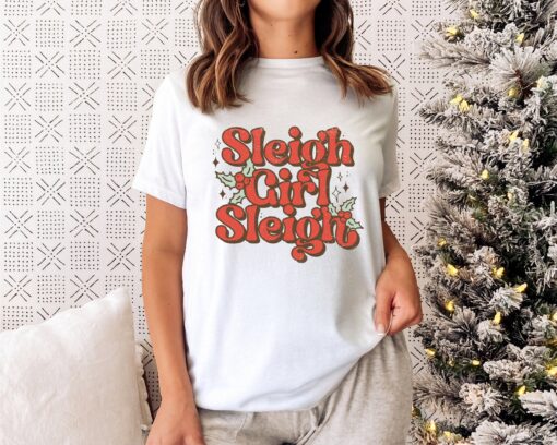 vintage christmas t shirt sleigh girl sleigh design funny retro holiday tee for women vt1fp