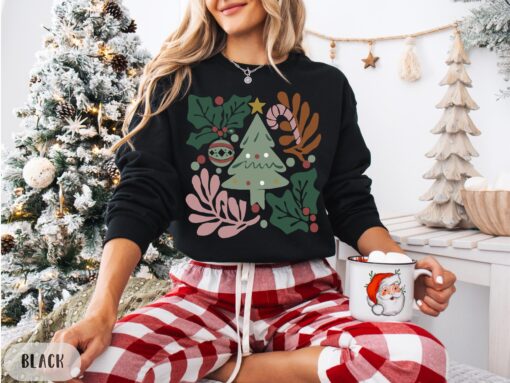 vintage christmas t shirt boho floral design retro crewneck for women winter apparel qs7lv scaled