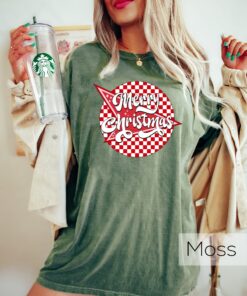 vintage christmas t shirt checkered retro design for new year party comfortable crewneck style merry and bright theme re0er