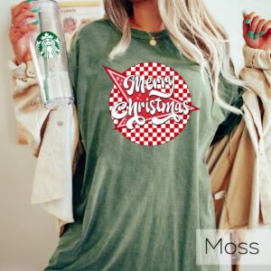 vintage christmas t shirt checkered retro design for new year party comfortable crewneck style merry and bright theme re0er