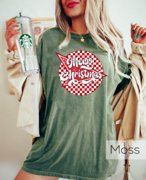 vintage christmas t shirt checkered retro design for new year party comfortable crewneck style merry and bright theme re0er