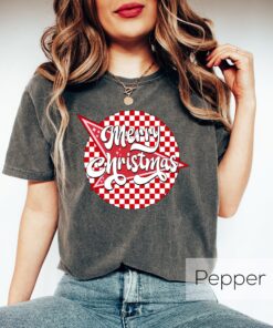 vintage christmas t shirt checkered retro design for new year party comfortable crewneck style merry and bright theme xjdbz