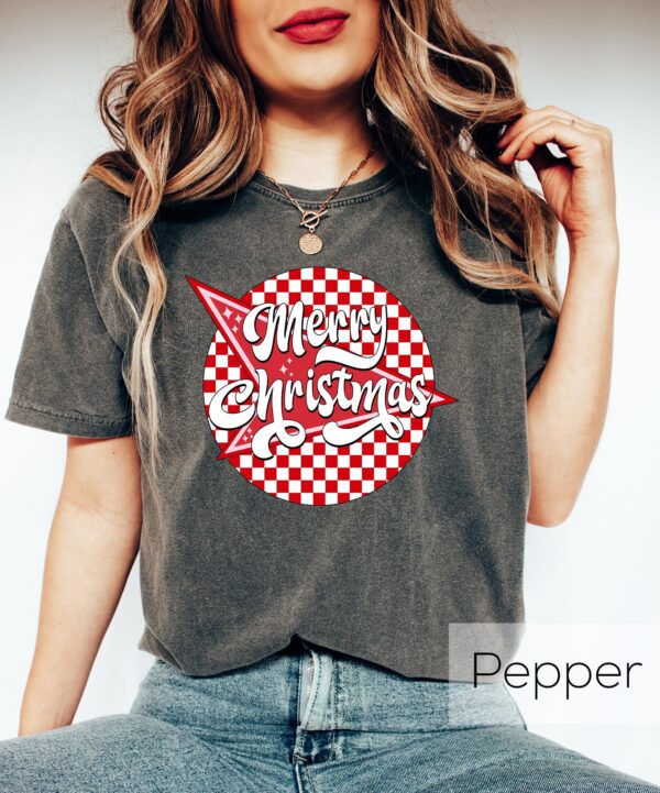 vintage christmas t shirt checkered retro design for new year party comfortable crewneck style merry and bright theme