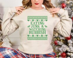 vintage christmas t shirt eating junk and watching rubbish with funny design for movie lovers and matching family holiday shirts cdyth scaled
