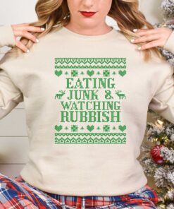 vintage christmas t shirt eating junk and watching rubbish with funny design for movie lovers and matching family holiday shirts cdyth scaled