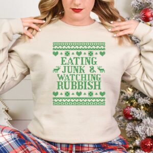 vintage christmas t shirt eating junk and watching rubbish with funny design for movie lovers and matching family holiday shirts cdyth scaled