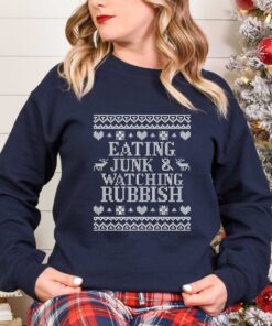 vintage christmas t shirt eating junk and watching rubbish with funny design for movie lovers and matching family holiday shirts n8yck scaled