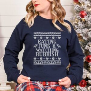 vintage christmas t shirt eating junk and watching rubbish with funny design for movie lovers and matching family holiday shirts n8yck scaled