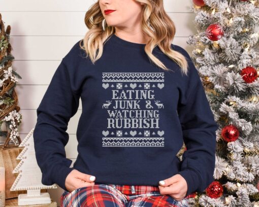 vintage christmas t shirt eating junk and watching rubbish with funny design for movie lovers and matching family holiday shirts n8yck scaled