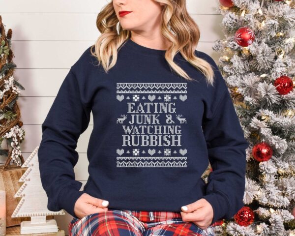 vintage christmas t shirt eating junk and watching rubbish with funny design for movie lovers and matching family holiday shirts n8yck scaled