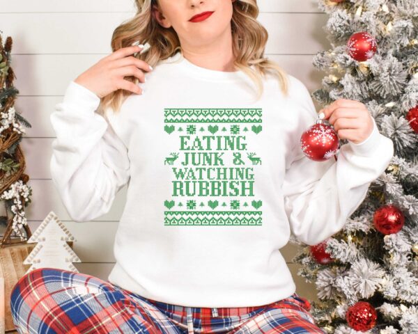 vintage christmas t shirt eating junk and watching rubbish with funny design for movie lovers and matching family holiday shirts thctl scaled