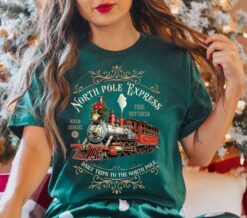 Vintage Christmas T Shirt featuring North Pole Express Train Design Retro Style for Holiday Celebrations and Festive Gatherings
