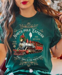 vintage christmas t shirt featuring north pole express train design retro style for holiday celebrations and festive gatherings 01rs0