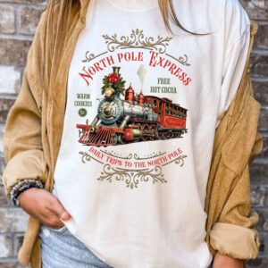 vintage christmas t shirt featuring north pole express train design retro style for holiday celebrations and festive gatherings bih8q scaled