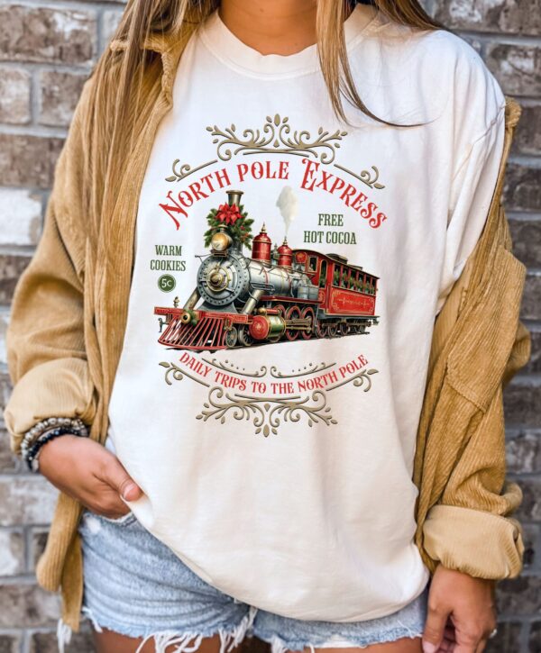 vintage christmas t shirt featuring north pole express train design retro style for holiday celebrations and festive gatherings bih8q scaled