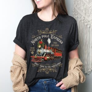 vintage christmas t shirt featuring north pole express train design retro style for holiday celebrations and festive gatherings pgyjn