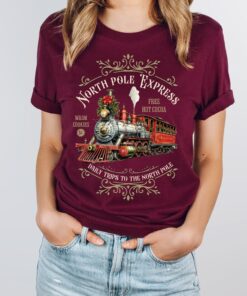 vintage christmas t shirt featuring north pole express train design retro style for holiday celebrations and festive gatherings tftgw