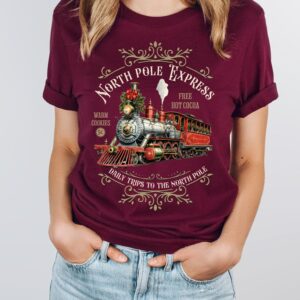 vintage christmas t shirt featuring north pole express train design retro style for holiday celebrations and festive gatherings tftgw