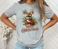 vintage christmas t shirt featuring retro reindeer design for women unique holiday apparel for festive celebrations ajjym scaled