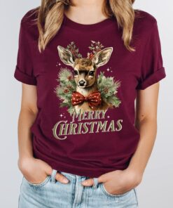 vintage christmas t shirt featuring retro reindeer design for women unique holiday apparel for festive celebrations q6liy