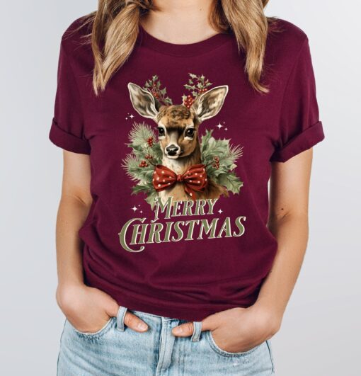 vintage christmas t shirt featuring retro reindeer design for women unique holiday apparel for festive celebrations q6liy