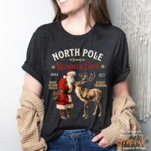 vintage christmas t shirt featuring retro santa and reindeer design for a fun holiday look at the north pole dhdsf