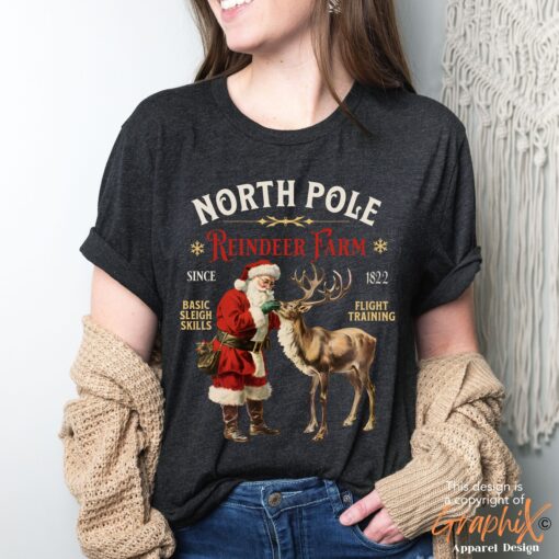 vintage christmas t shirt featuring retro santa and reindeer design for a fun holiday look at the north pole dhdsf scaled