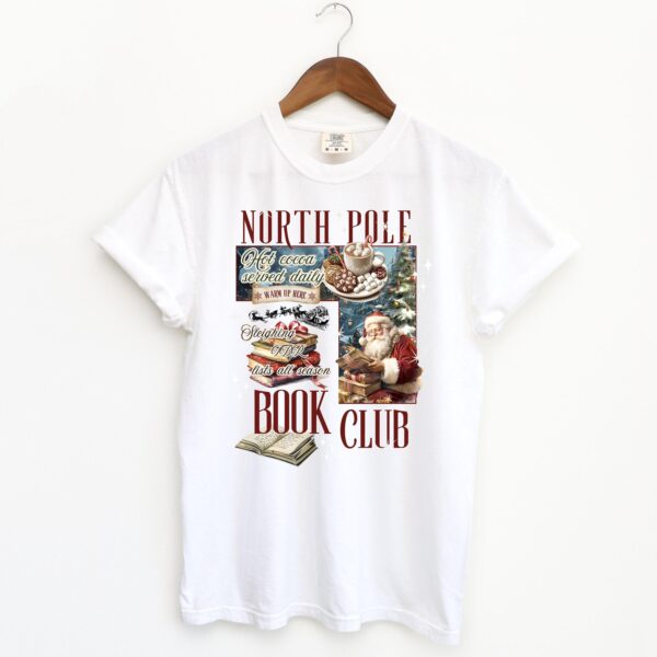 vintage christmas t shirt for book lovers featuring north pole book club design fun santa graphic for holiday celebrations er3m8 scaled