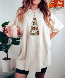 vintage christmas t shirt for coffee lovers featuring a festive tree design ideal for holiday parties and new year celebrations fqbma