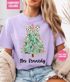 Vintage Christmas T Shirt for Teachers  Custom Merry and Bright Design with Xmas Bow  Comfort Colors Apparel