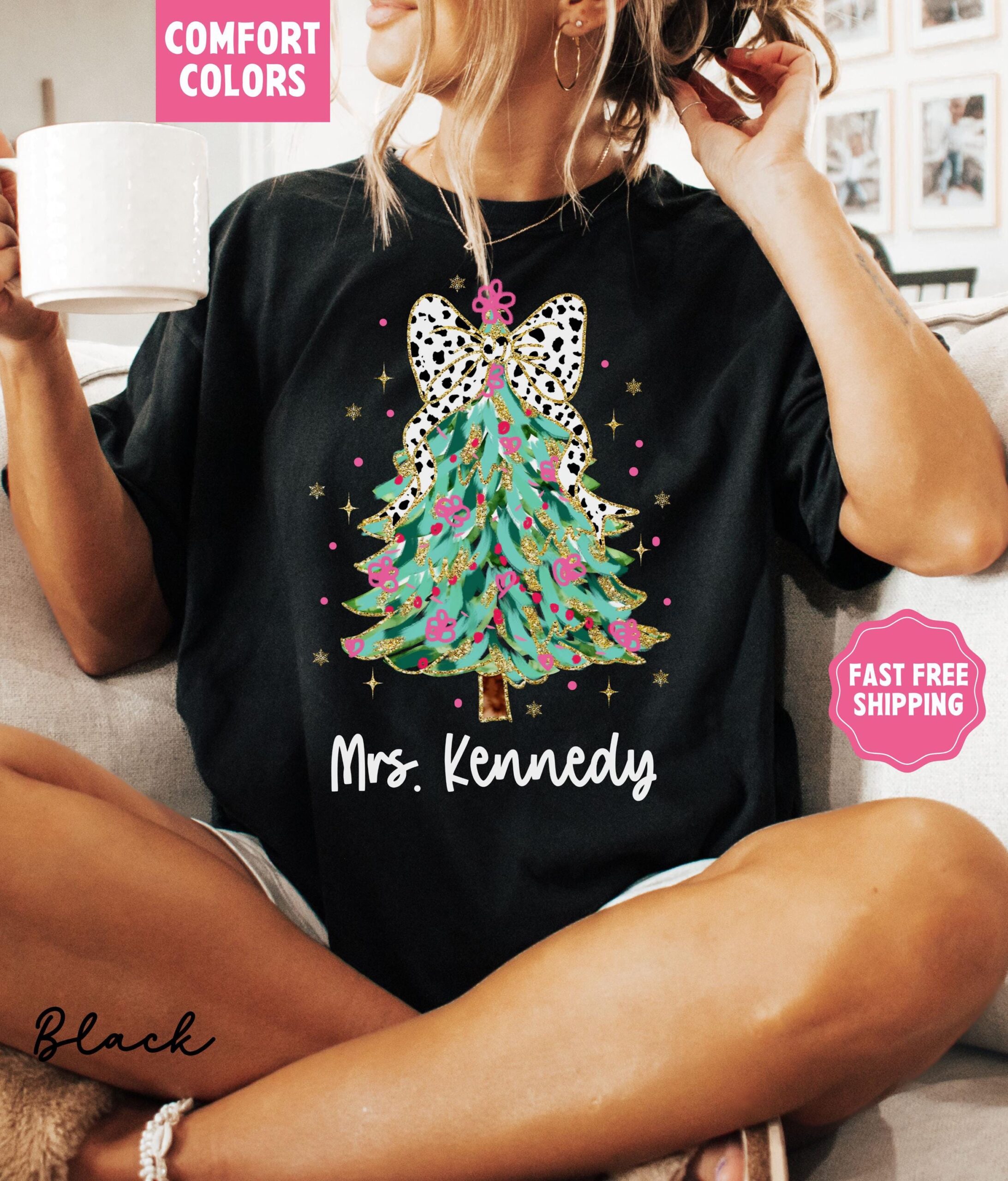 vintage christmas t shirt for teachers custom merry and bright design with xmas bow comfort colors apparel w2oay scaled