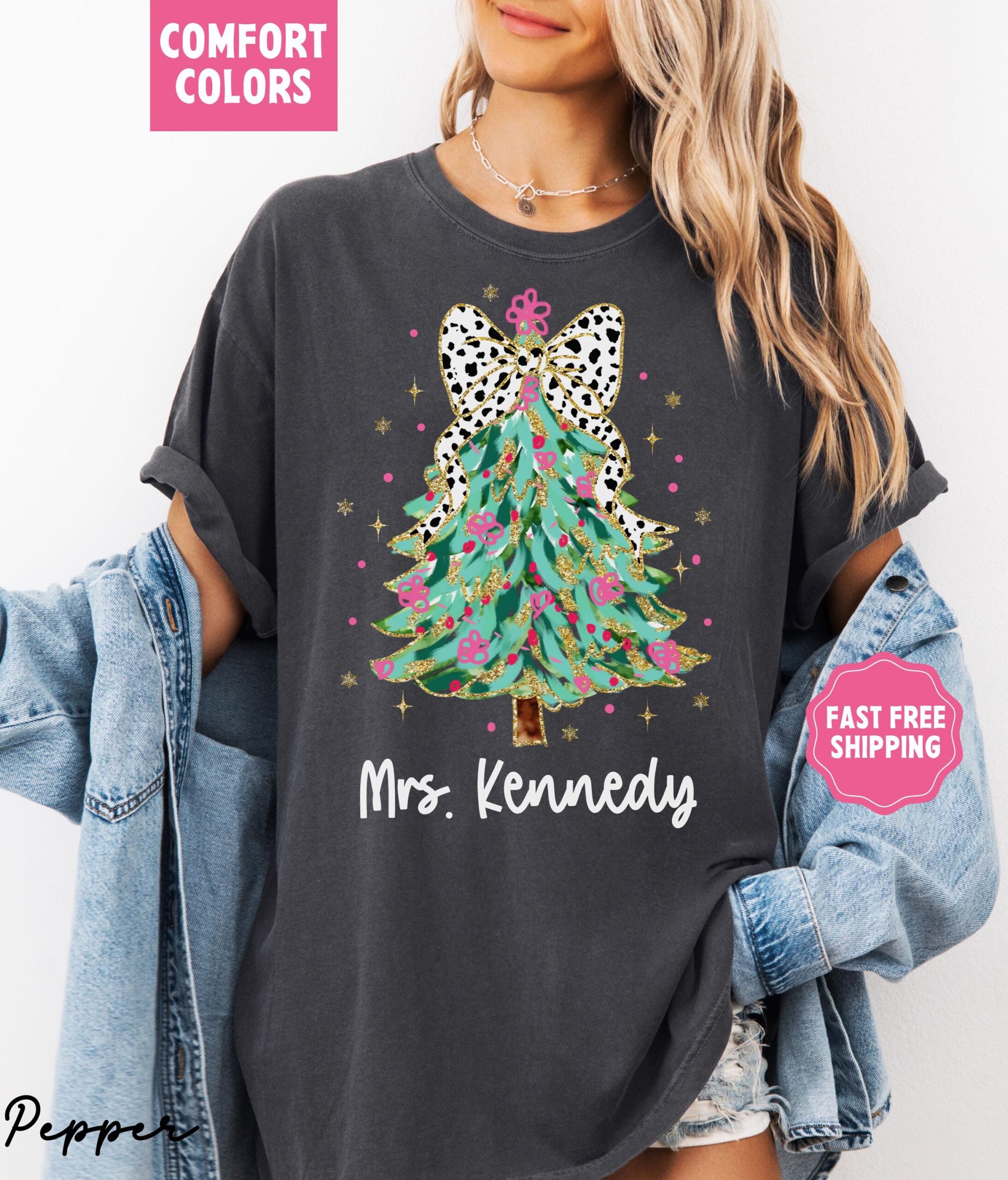 vintage christmas t shirt for teachers custom merry and bright design with xmas bow comfort colors apparel yb8ij scaled