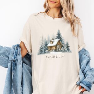 vintage christmas t shirt for winter cabin adventures featuring let it snow design and pine tree loungewear comfort izobi