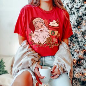 vintage christmas t shirt for women featuring santa and coffee design ideal for coffee lovers holiday apparel bp3tw