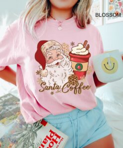 vintage christmas t shirt for women featuring santa and coffee design ideal for coffee lovers holiday apparel egpkw