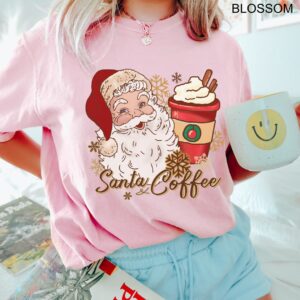 vintage christmas t shirt for women featuring santa and coffee design ideal for coffee lovers holiday apparel egpkw