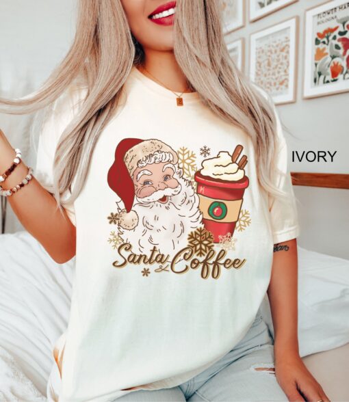 vintage christmas t shirt for women featuring santa and coffee design ideal for coffee lovers holiday apparel