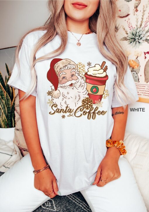 vintage christmas t shirt for women featuring santa and coffee design ideal for coffee lovers holiday apparel