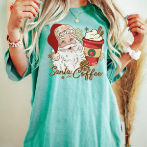 vintage christmas t shirt for women featuring santa and coffee design ideal for coffee lovers holiday apparel ysgkv