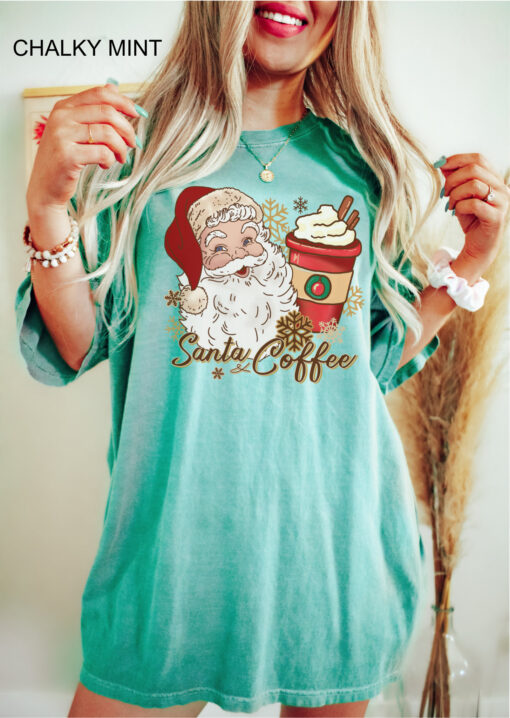 vintage christmas t shirt for women featuring santa and coffee design ideal for coffee lovers holiday apparel ysgkv