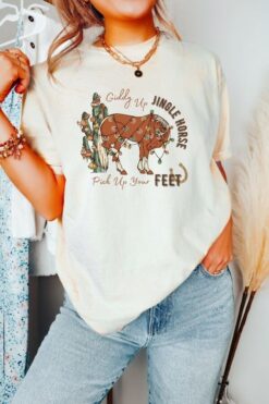 Vintage Christmas T Shirt Giddy Up Jingle Horse Graphic Tee Retro Western Design Comfort Colors for Holiday Celebrations