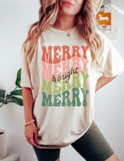 Vintage Christmas T Shirt Merry and Bright Design in Comfort Colors Soft Fabric for Holiday Celebrations