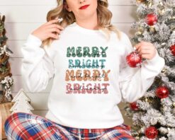 Vintage Christmas T Shirt Merry and Bright Design with Christmas Tree Graphic for Holiday Celebrations and Festive Gatherings