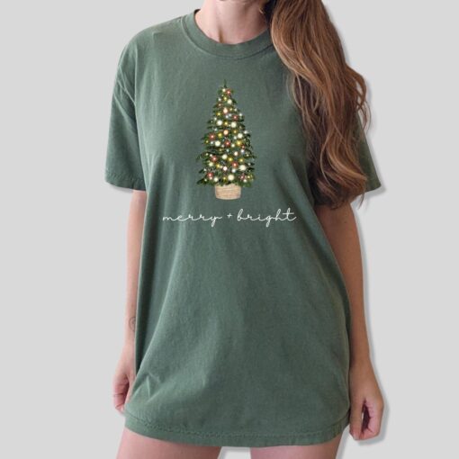 vintage christmas t shirt merry and bright design with christmas tree graphic for holiday celebrations and winter gatherings hhmlm scaled