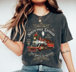 Vintage Christmas T Shirt North Pole Express Train Design Comfort Colors Fabric for Holiday Cheer
