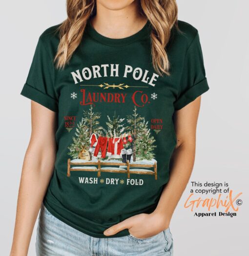 vintage christmas t shirt north pole laundry design with retro santa graphic for unique holiday style bqjwh scaled