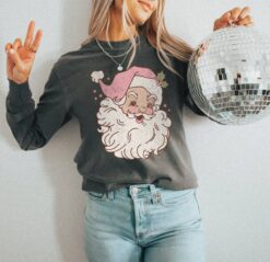 Vintage Christmas T Shirt Retro Pink Santa Long Sleeves Comfort Colors Design Trendy Santa Face for Festive Holiday Wear