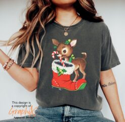 Vintage Christmas T Shirt Retro Reindeer Design Comfort Colors Baby Deer Graphic Tee for Fun Holiday Celebrations